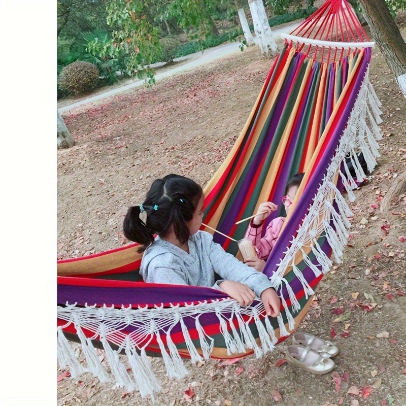 Tusheng Bohemian Style Hammock with Fringe, Cotton Blend Fabric, Thick Ropes, 204.12KG Capacity, Outdoor/ Garden/ Patio/ Wedding Decor, Includes Carry Bag.