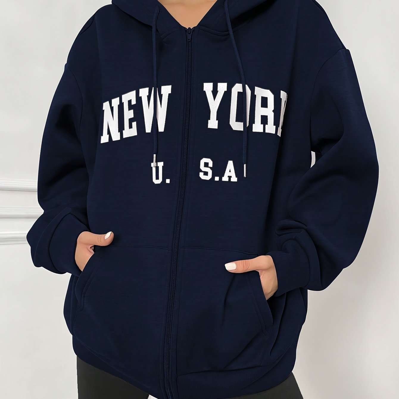 NEW YORK Print Zip Front Hoodie with Kangaroo Pocket