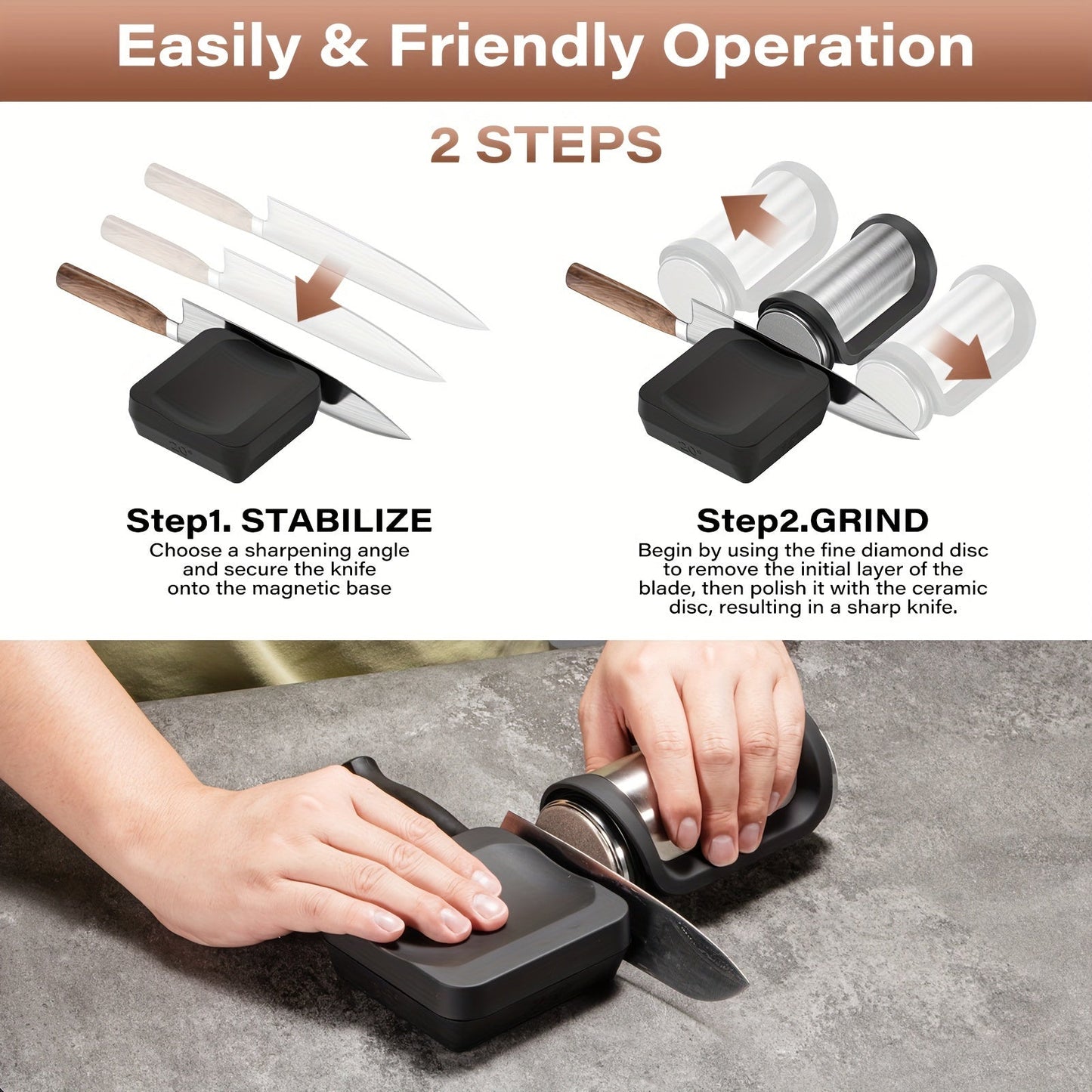 The Premium Rolling Knife Sharpener Set is perfect for sharpening all types of knives. It comes with a 400 grit diamond disc, 1000 and 3000 grit whetstone discs, and a 1000 grit ceramic disc. The ergonomically designed metal body with handle supports 4