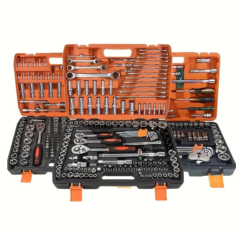 High-quality car repair kit includes essential tools for automotive maintenance and repair, featuring quick ratchet wrenches and mechanical repair tools, battery-free.