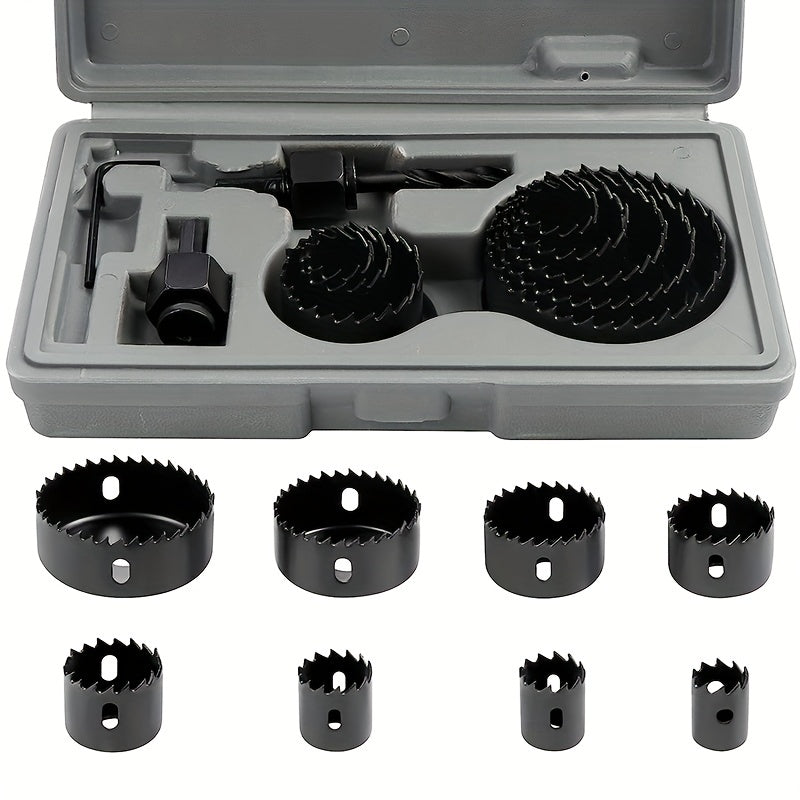 11-piece hole saw set with sizes ranging from 19mm to 64mm for cutting wood, metal, and alloys, includes handy case.