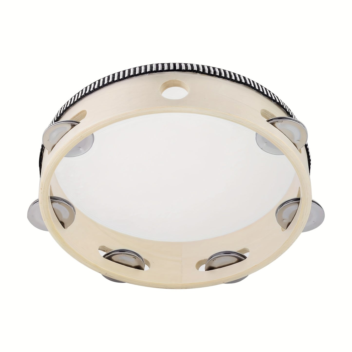 Beige Polyethylene Terephthalate Hand Held Tambourine with Metal Jingles, Educational Musical Gift for various occasions.