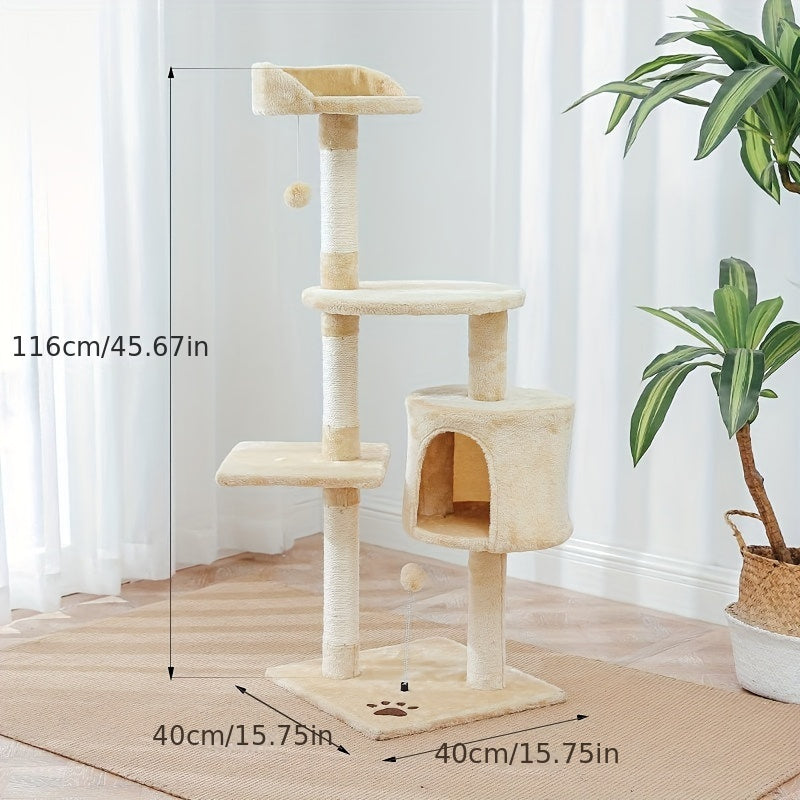 Premium wood fiber cat climbing tower for indoor cats, with scratching posts, cozy condo, and hanging toys.