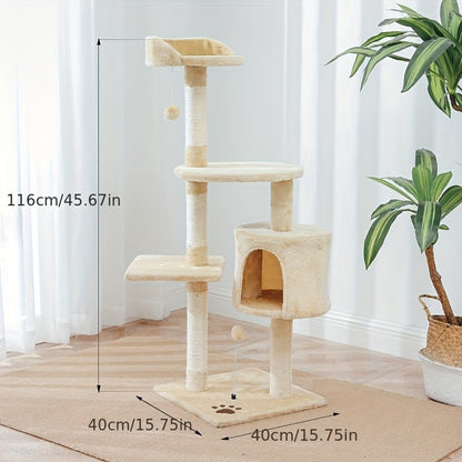 Premium wood fiber cat climbing tower for indoor cats, with scratching posts, cozy condo, and hanging toys.