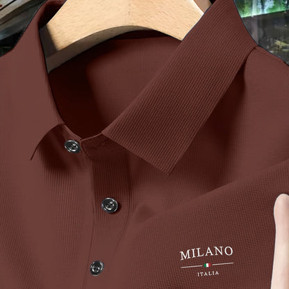 Men's Milan Italy Graphic Shirt, Dark Gray Waffle Knit Short Sleeve with Button-Collar for Summer Business Casual Style.