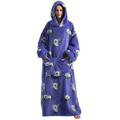 Super warm and cozy fleece oversized hoodie blanket with sleeves for adults. This wearable blanket hoodie features a giant pocket and is perfect for staying extra warm on cold days. Makes a great gift for women, men, and moms.