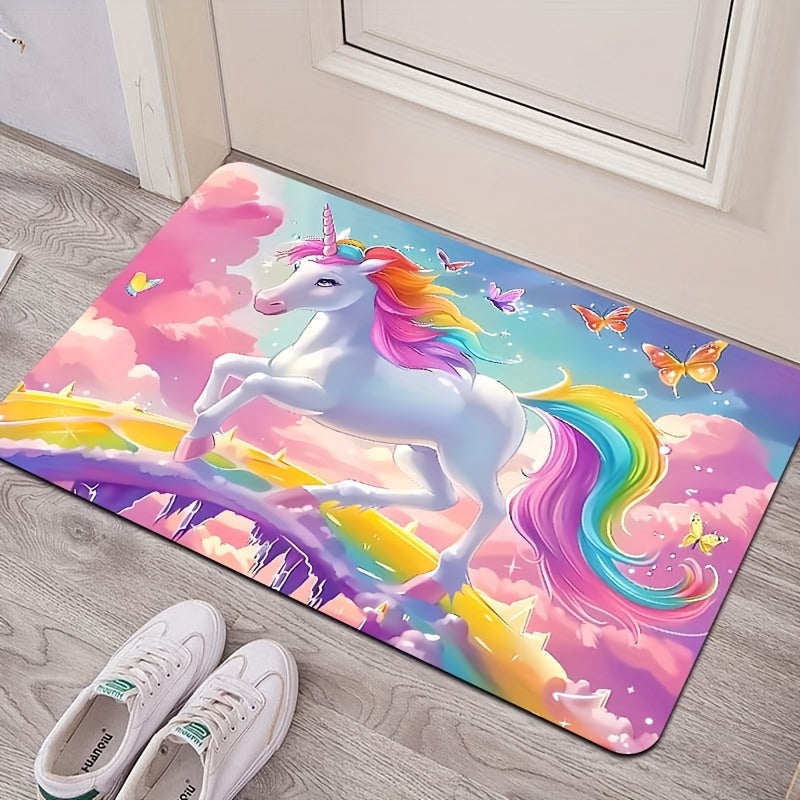 Add a touch of whimsy to your space with the Whimsy Woods Unicorn Area Mat. Made from durable 8mm thick polyester, this cartoon fantasy horse mat is perfect for the bedroom, living room, or entryway. It is machine washable and features a cute unicorn