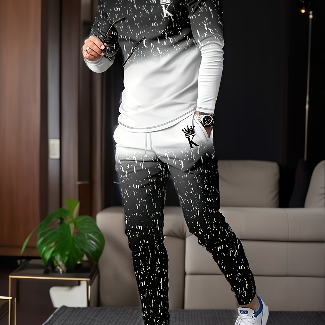 Men's Graphic Novelty Pajamas Lounge Set with Sweatshirts and Sweatpants, featuring long sleeve pullover tops and jogger pants.