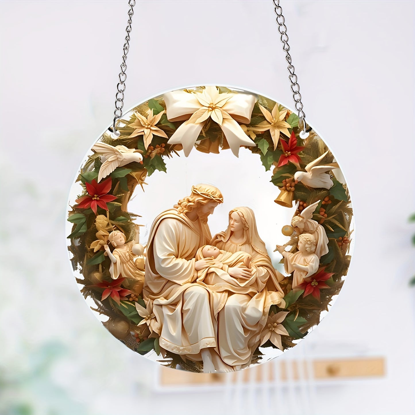 Waterproof, transparent acrylic Holy Family Nativity Scene for hanging in home or garden. Ideal for Christmas, Valentine's Day, and year-round display. Perfect Christmas decor.