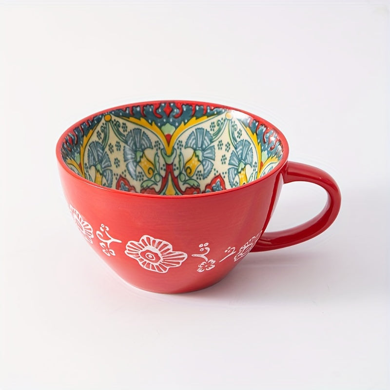 15oz Bohemian style ceramic mug with handle for latte, tea, coffee, cappuccino, cocoa, soup, and oat.