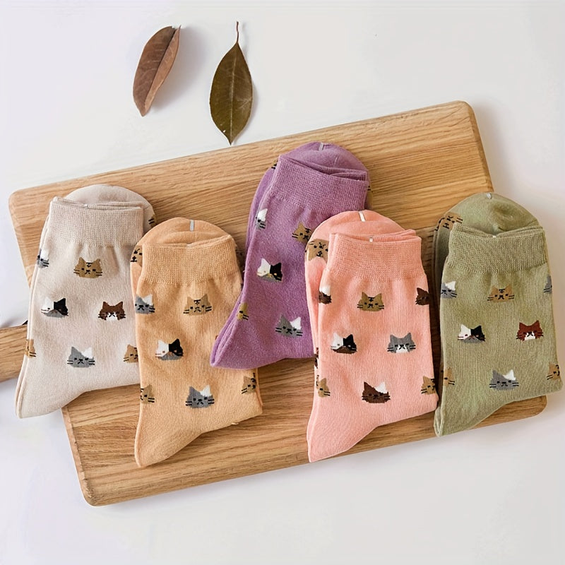 5 Cute Cat Cartoon Socks for Women - Cozy Mid-Calf, Mixed Colors, Ideal for Fall & Winter