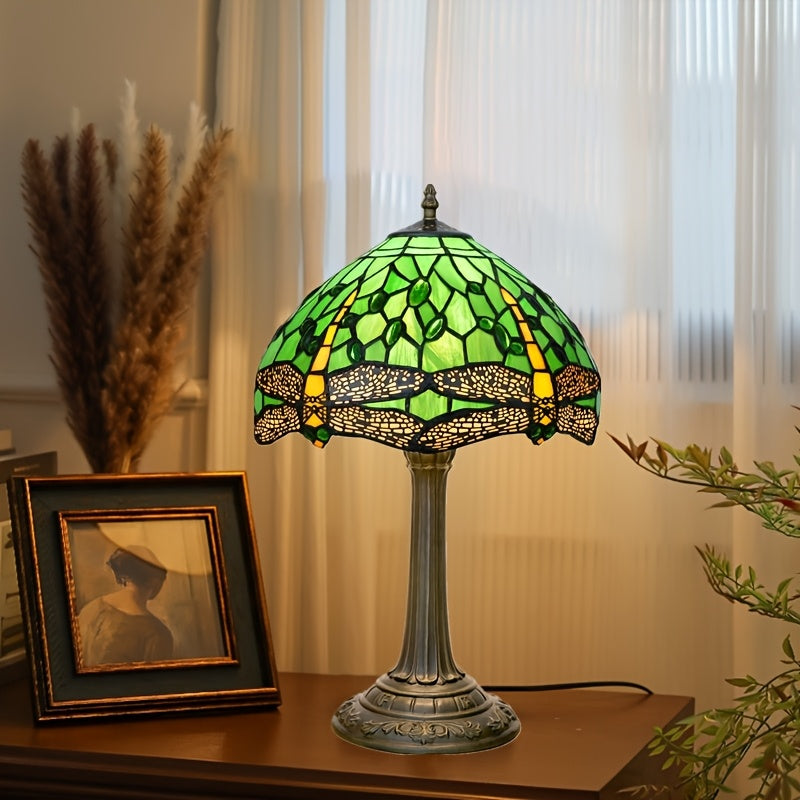 Handmade 12-inch glass desk lamp with green dragonfly pagoda shade and antique metal finish. Includes switch and 220-240V European plug. Perfect cozy bedside table lamp for various rooms in retro European countryside style. A creative gift idea.