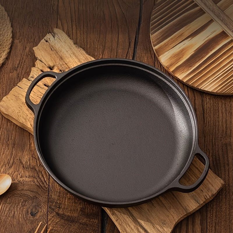 Cast Iron Double-Handled Skillet with Wooden Lid - Non-Stick Cooking Pan for Indoor & Outdoor Use, Thickened Iron Pot Compatible with Gas Stove & Induction Cooktop - Essential Kitchen Cookware