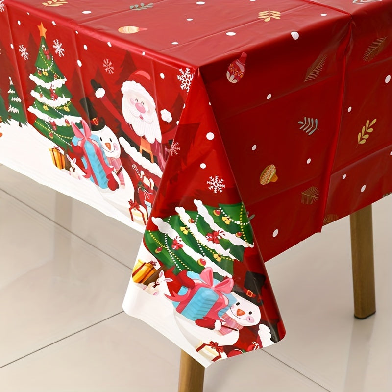 1 piece Christmas tablecloth featuring Santa, penguin, and snowflake design on red background. Made of smooth polyester, measuring 130x220cm. Ideal for parties, gifts, and home decor.