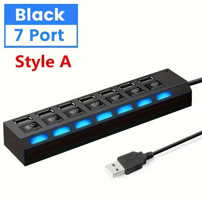 1pc USB Adapter Hub with 7 or 4 Ports, LED Light and Power On/Off Switch for PC or Laptop