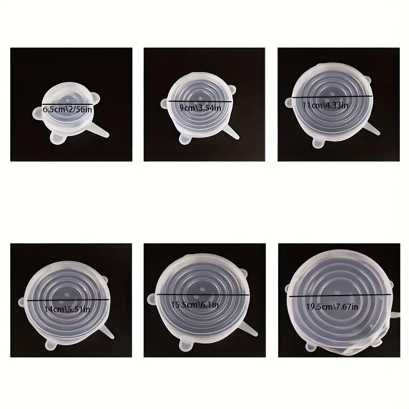 Reusable silicone elastic food covers in a 6-pack, made of PC material that is BPA-free. These covers are safe to use in the dishwasher and refrigerator, and they are perfect kitchen accessories for storing bowls.