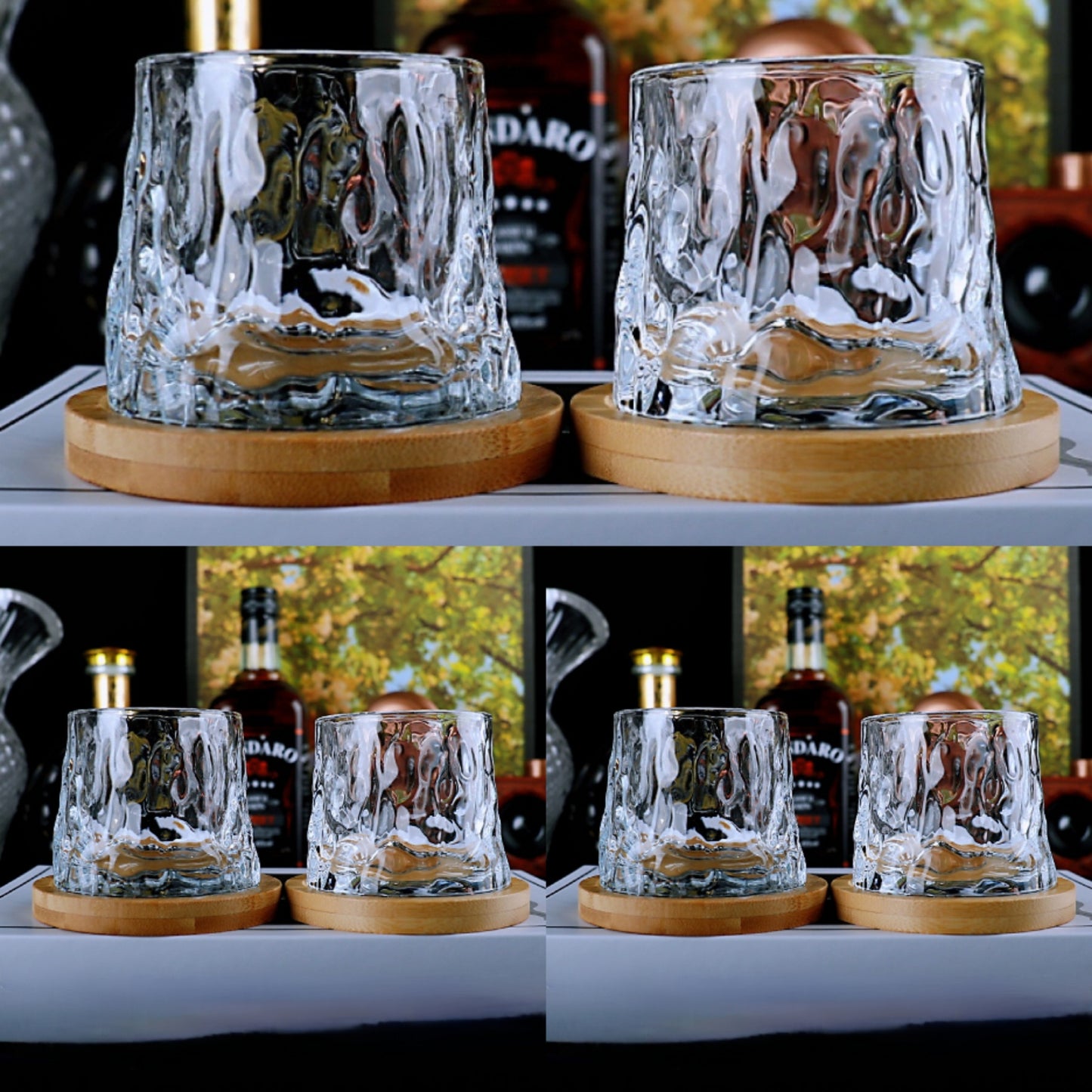 Sets of 6 stylish rolling whisky glasses with holders, perfect for various drinks and as unique gifts for men. Ideal home decor.