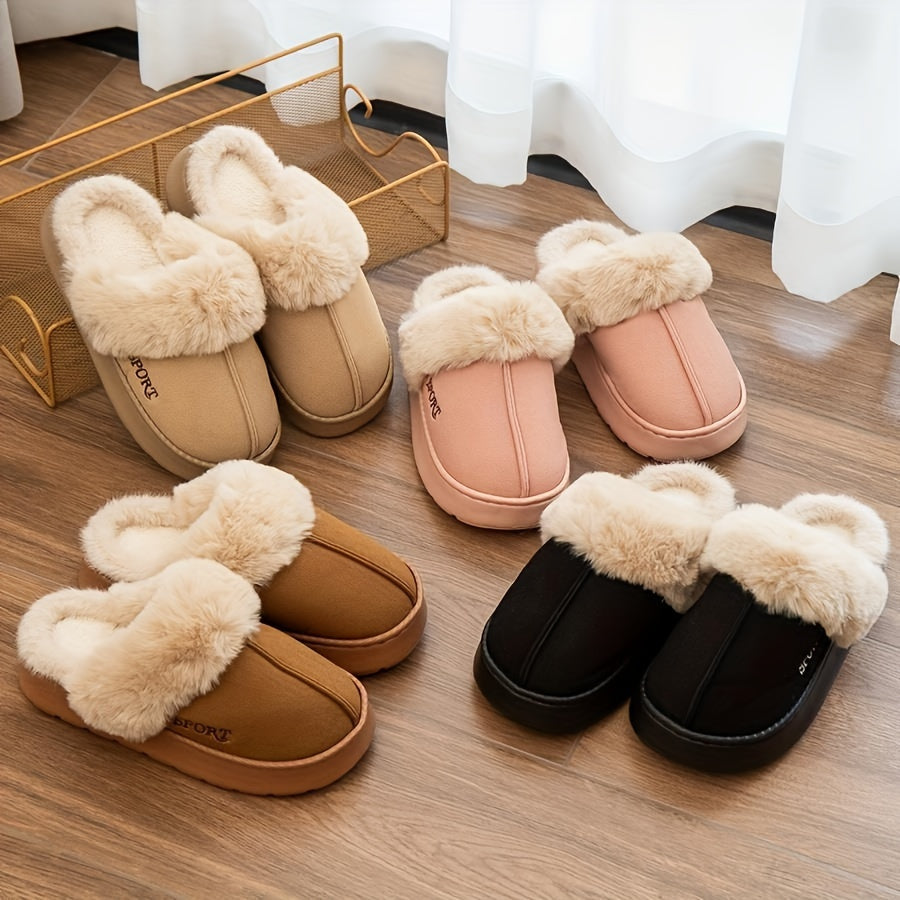 Winter plush-lined slippers with anti-skid sole for men and women in various colors, perfect for indoor comfort.