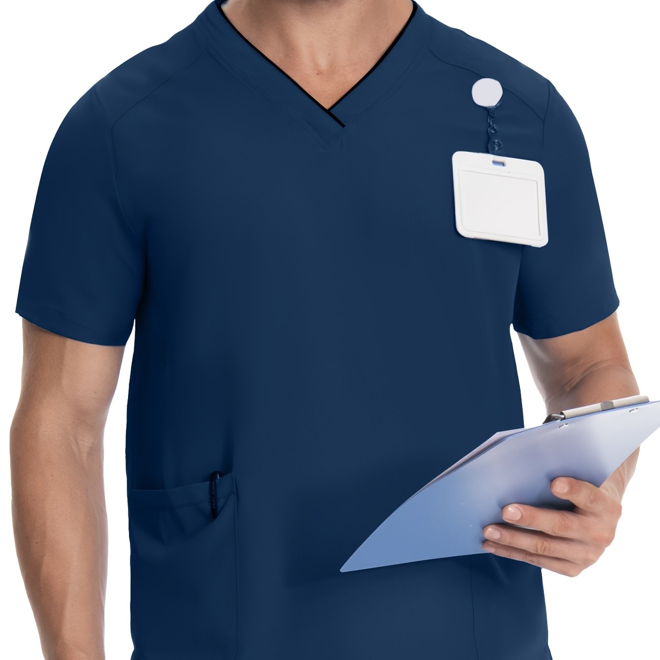 Men's Short Sleeve V-Neck Scrubs with Pockets, Polyester Lab Coat, Breathable with Slight Stretch, Regular Fit, Ideal for Pet Grooming and Medical Uniforms in Spring/Summer/Fall.