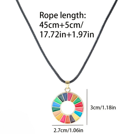 Geometric Pendant Necklace featuring the 17 Sustainable Development Goals, available in a range of vibrant colors. This versatile piece blends sporty and boho styles, making it a perfect accessory for both casual attire and sports activities. It also