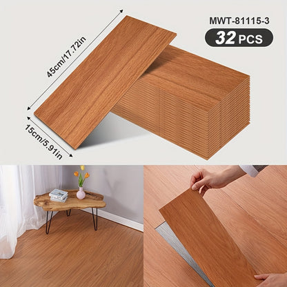 32 peel and paste floor tiles with wood grain design, 45cmx15cm, self-adhesive, waterproof, suitable for bedroom and home decor.