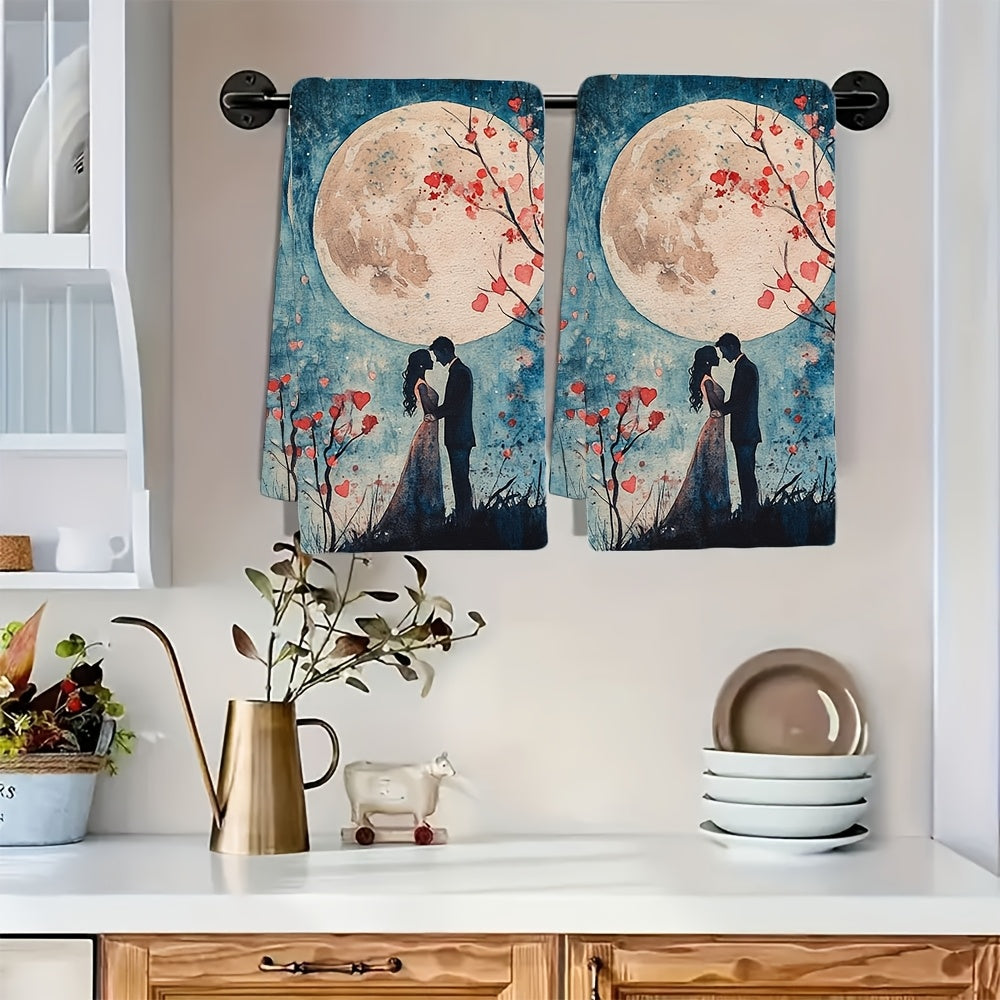 Set of 2 Romantic Moonlit Lovers Kitchen Towels - Made from Ultra Soft, Highly Absorbent Polyester Material, measuring 40.64x60.96 cm - Easy to Clean in Washing Machine, featuring Watercolor Style with Cherry Blossoms & Full Moon Design, Perfect for