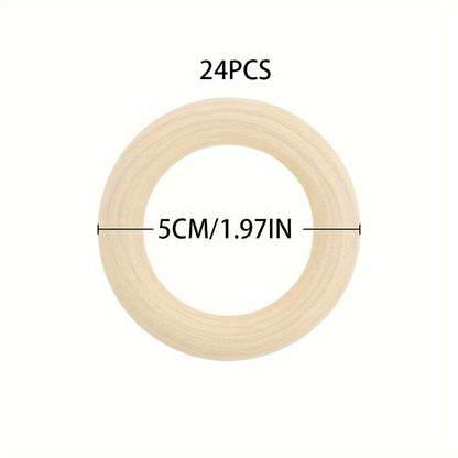 Set of 24 5cm/1.97inch Natural Wood Rings for Crafting, Macrame, and DIY Projects. Unpainted Wooden Rings for Jewelry Making and Pendant Connectors