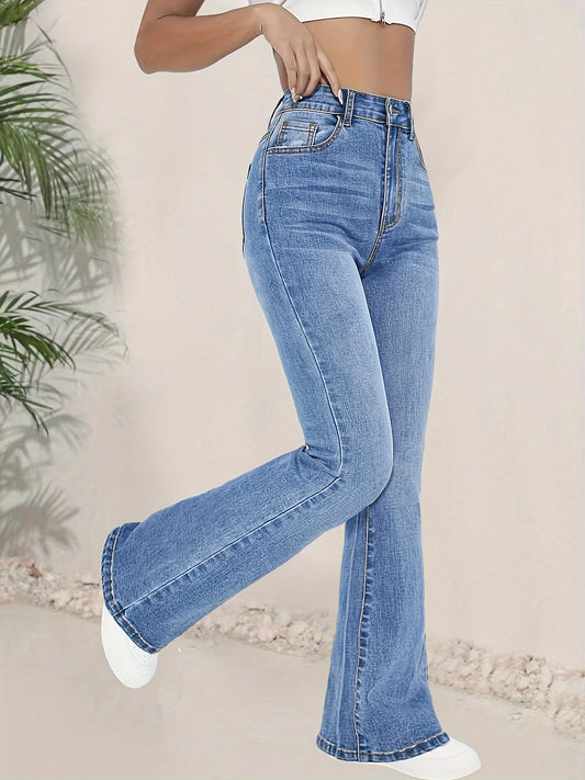 Ladies' high-waist flared jeans in fashionable blue denim.