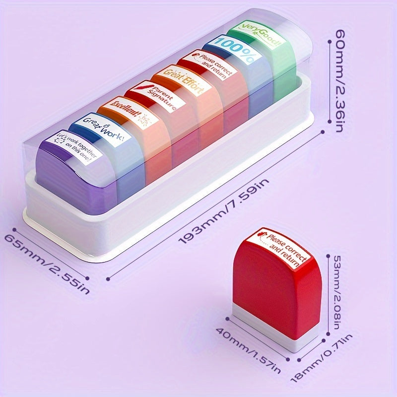 Classroom stamp set with storage tray, includes 8 stamps for grading and parent signatures.