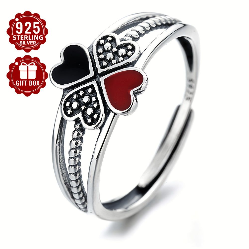 A chic and adaptable sterling silver ring for women featuring a modern enamel heart-shaped four-leaf clover design, perfect for adding flair to your travel and event outfits. Weighing approximately 2.3g, this ring is both practical and fashionable.