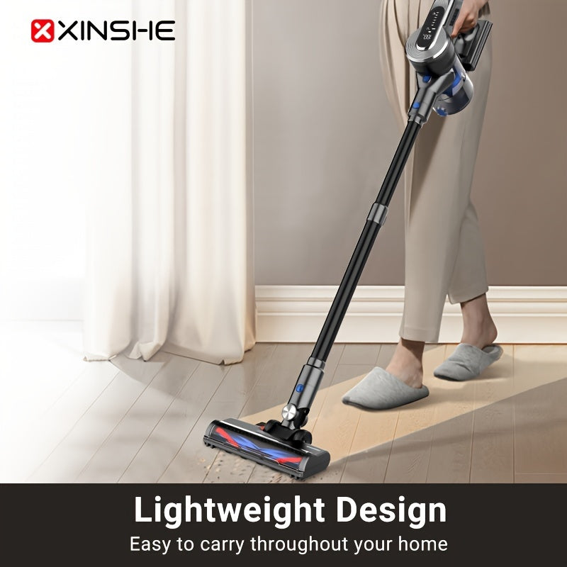 The XINSHE Handheld Vacuum Cleaner offers powerful 40,000Pa suction, with an LED display and long-lasting 40-minute battery. Perfect for tile, blanket, and hardwood floors, it is cordless with a rechargeable lithium battery and meets European standards.