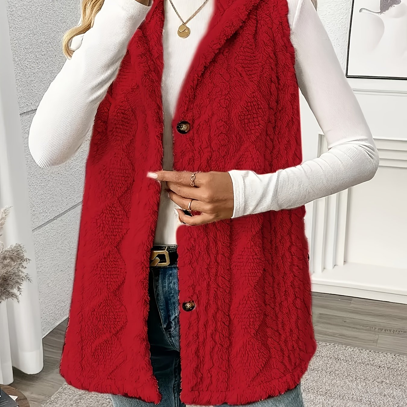 Sleek sleeveless hooded vest for women in solid color with plush texture and button detail. Machine washable and perfect for fall & winter.