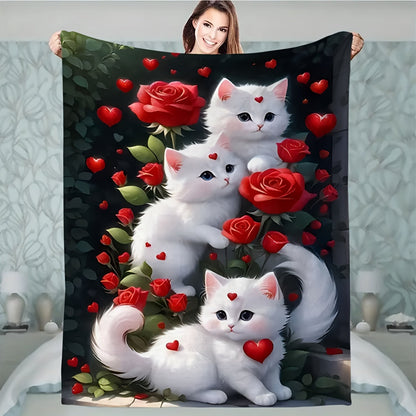 The Cozy Rose Cat Flannel Throw Blanket is both versatile and warm, perfect for use on the couch, in the car, at the office, for picnics, or camping. Made of soft polyester, this all-season blanket is sure to keep you cozy wherever you go.