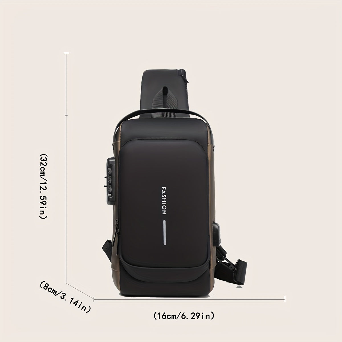 Stylish men's chest bag with USB port, ideal for motorcycling and leisure sports. Made of durable Oxford fabric with adjustable shoulder strap, dual zip compartments.