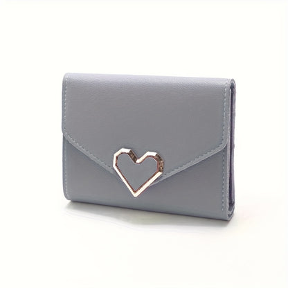 Women's mini wallet with heart-shaped design, card slots, coin pouch, faux leather