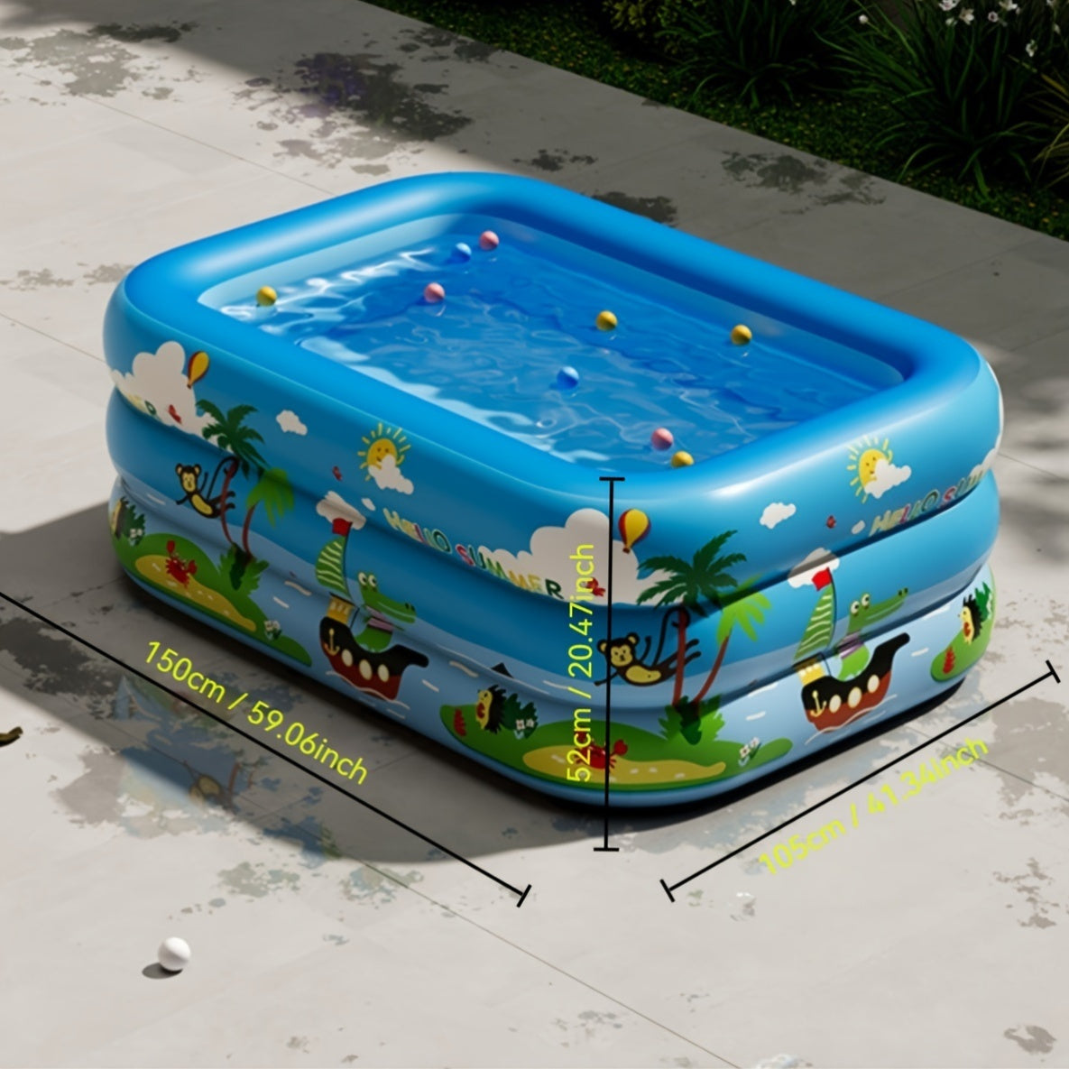 Adults' durable PVC inflatable swimming pool for indoor and outdoor use, perfect for parties and holidays. Summer floating pool toy measuring 150x105x52cm with multiple components.