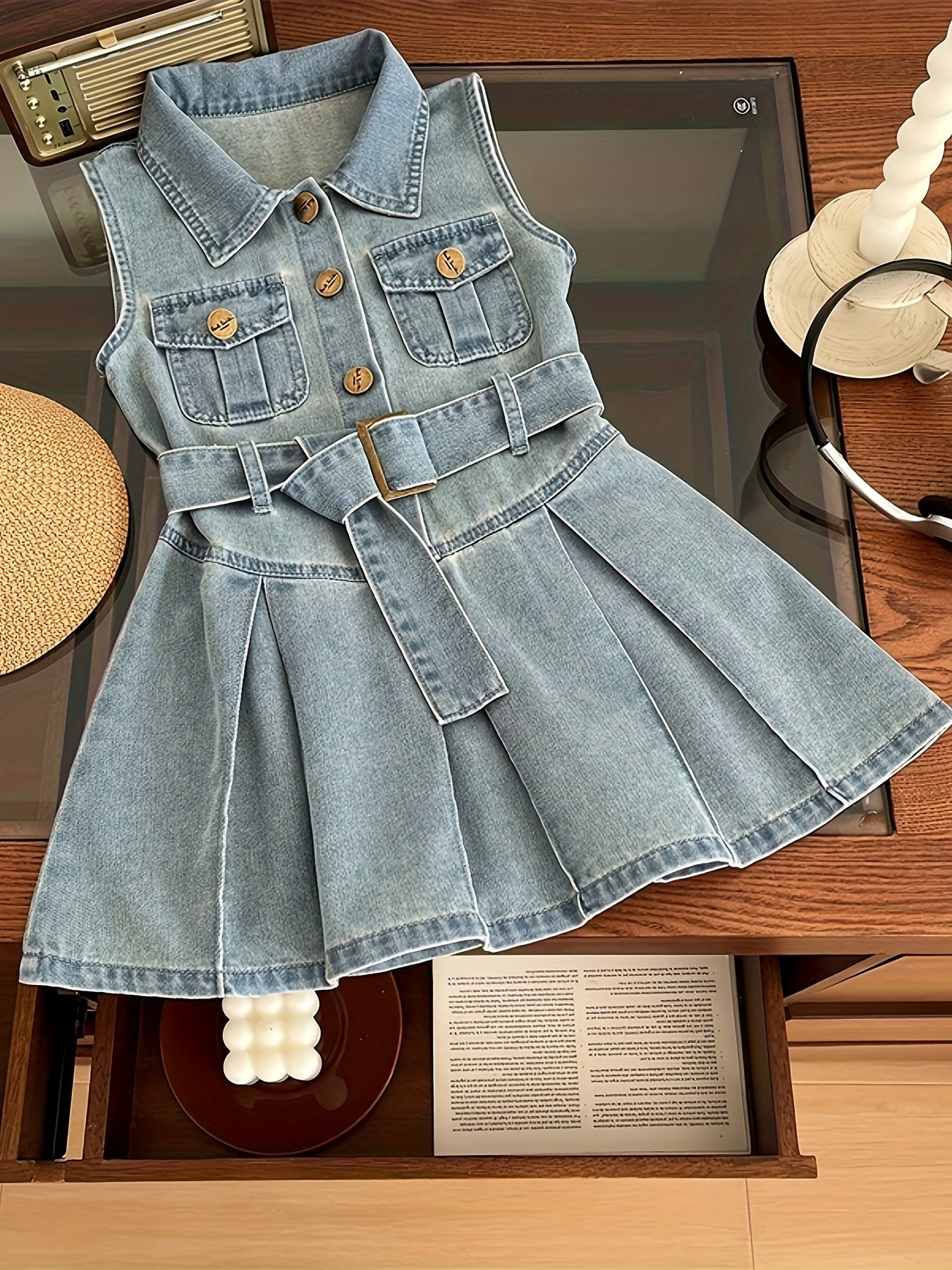 Sleeveless denim dress with waist belt for girls, summer clothing, stylish lapel