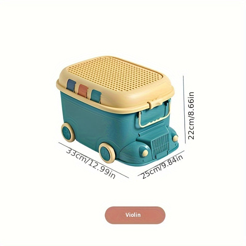 Blue plastic toy storage box with wheels for building blocks, snacks, small items, bedroom, living room, and home decor.