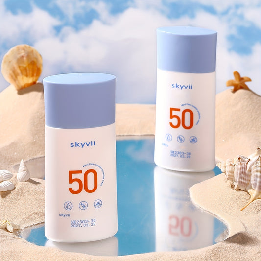 SPF50+ Sunscreen Cream with hydrating isolation for daily protection. Non-greasy matte finish, primer base with light cream texture.