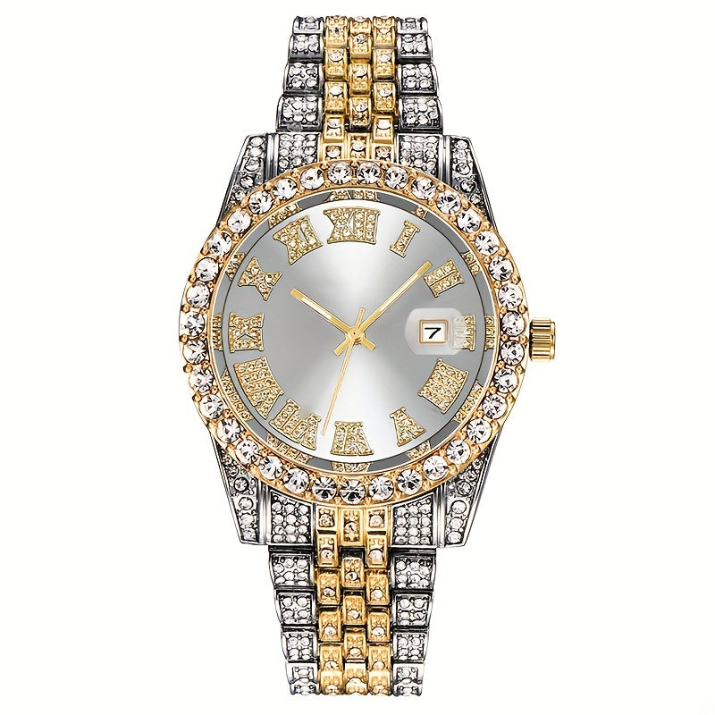 Elegant and luxurious full artificial diamond steel strap quartz watch with calendar, perfect for parties and gift-giving.