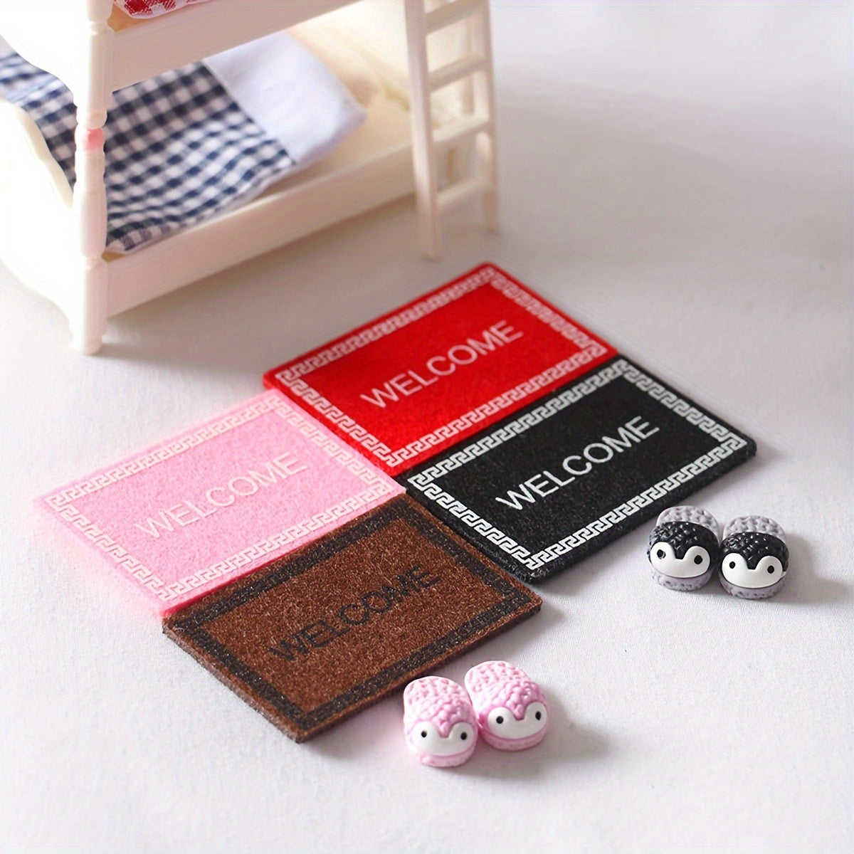 Set of 4 mini welcome doormats made of youth cloth, ideal for dollhouse decoration. These decorative carpets do not require electricity and are perfect for micro model landscaping.