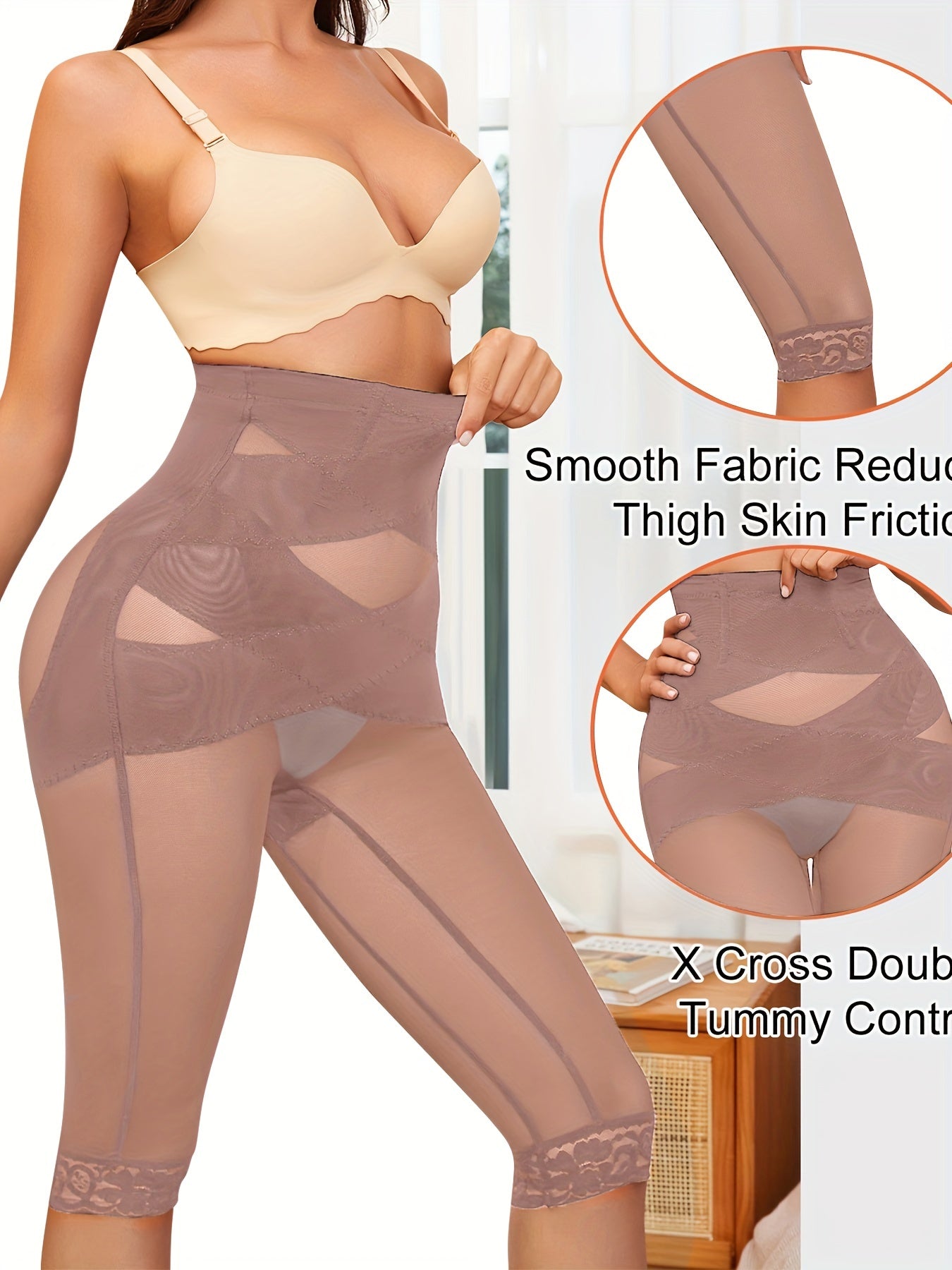 Women's high-waisted shapewear pants with semi-transparent waist, butt-lifting, random print lace design, suitable for daily wear and inner/outer wear.