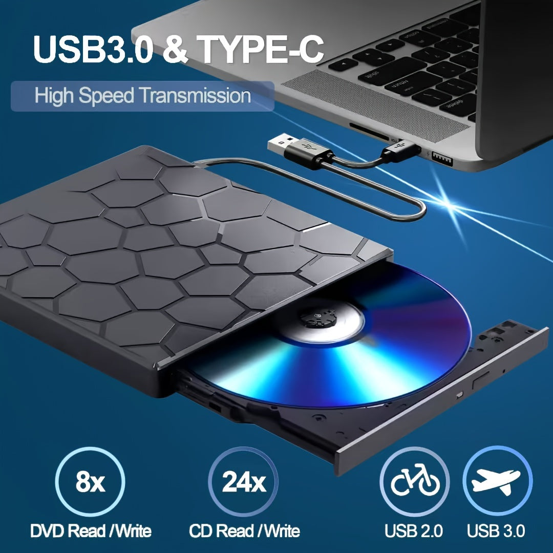 An ultra-thin portable CD/DVD drive with USB 3.0 Type-C port, SD card reader, and compatibility with various devices and operating systems.