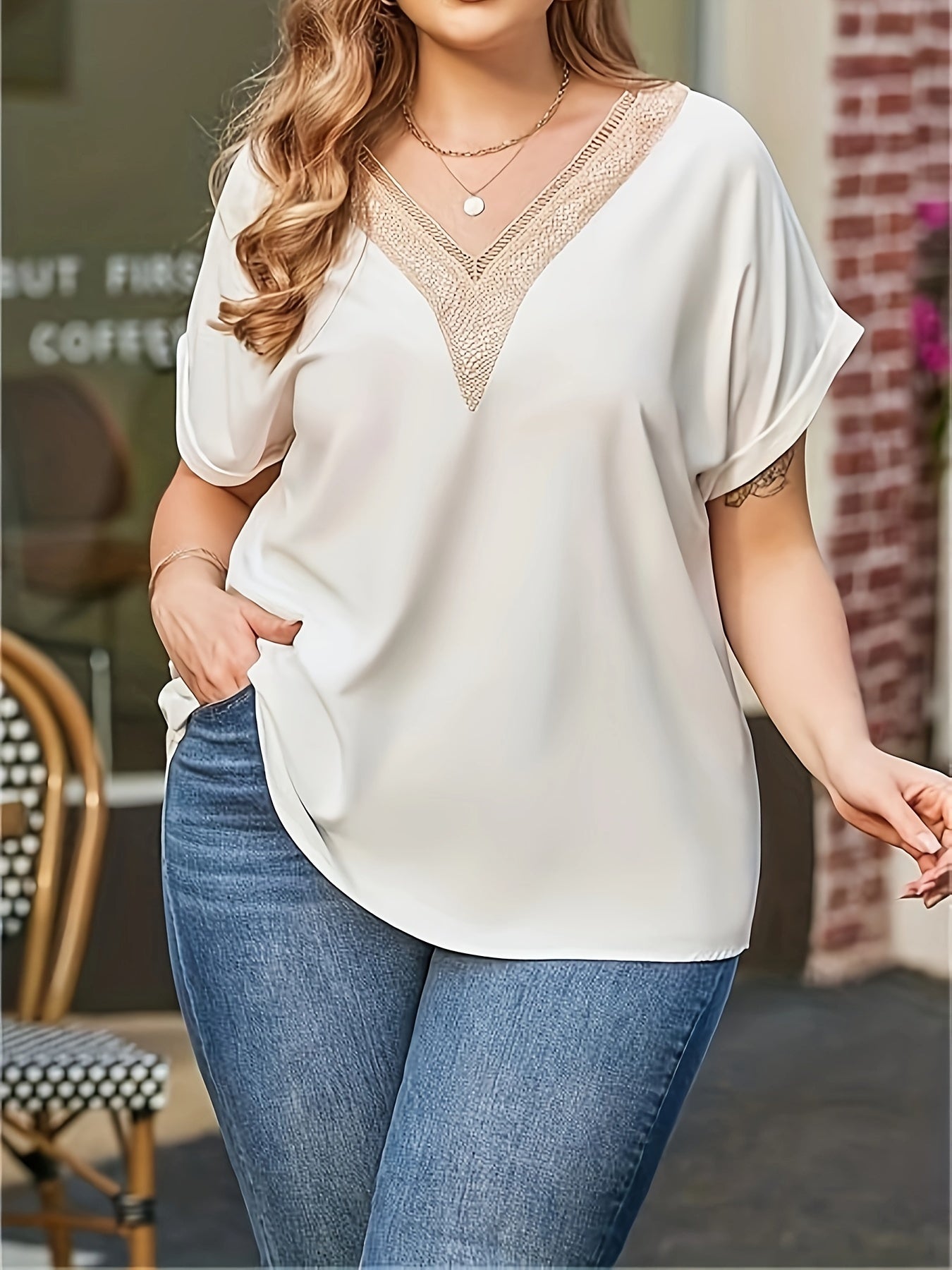 1pc Women's Summer Casual V-Neck Short Sleeve T-Shirt with Ruffle Detail - 100% Polyester Solid Color Non-Stretch Woven Shirt