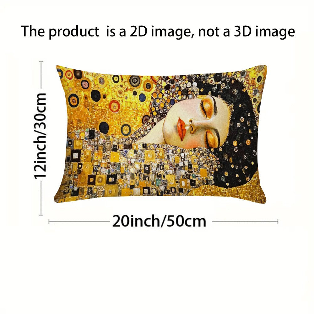 Set of 2 Gustav Klimt's Kiss Abstract Oil Painting Pillow Covers, measuring 50.8*30.48cm each. Perfect for adding a modern touch to neutral sofas, bedrooms, and living rooms. Great for camping, outdoor sofas, tents, and car accessories. (Pillow mats not