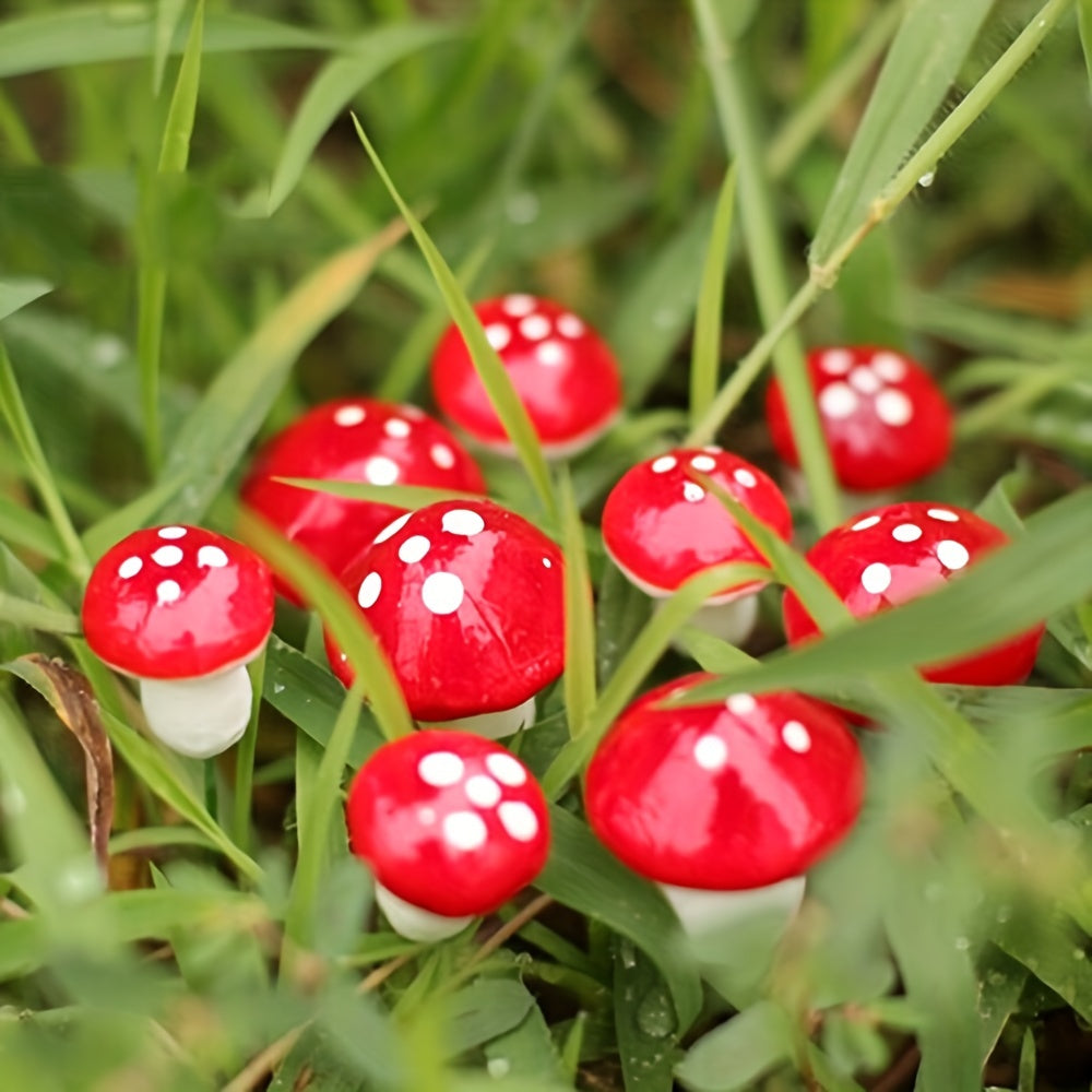 30 artificial plastic red mushrooms for Christmas decorating, miniature fairy gardens, and moss landscape building.