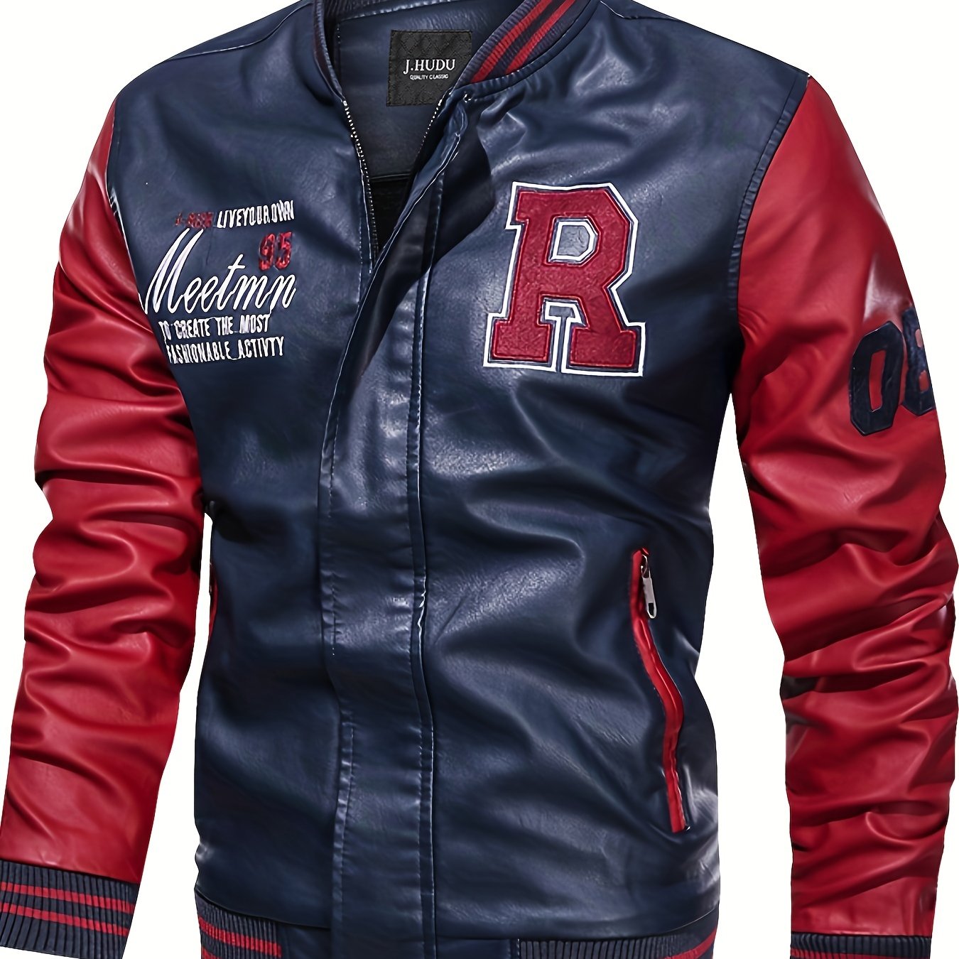 Oversized letter "R" print PU jacket for plus size men in spring/autumn. Raglan baseball jacket for big and tall males.