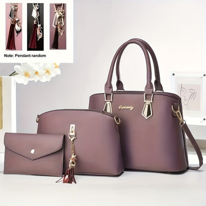 Women's elegant 3-piece handbag set with flowing tassel shoulder bag, crossbody bag, and stylish PU leather tote and sling bag. Ideal gift for festivals and work.