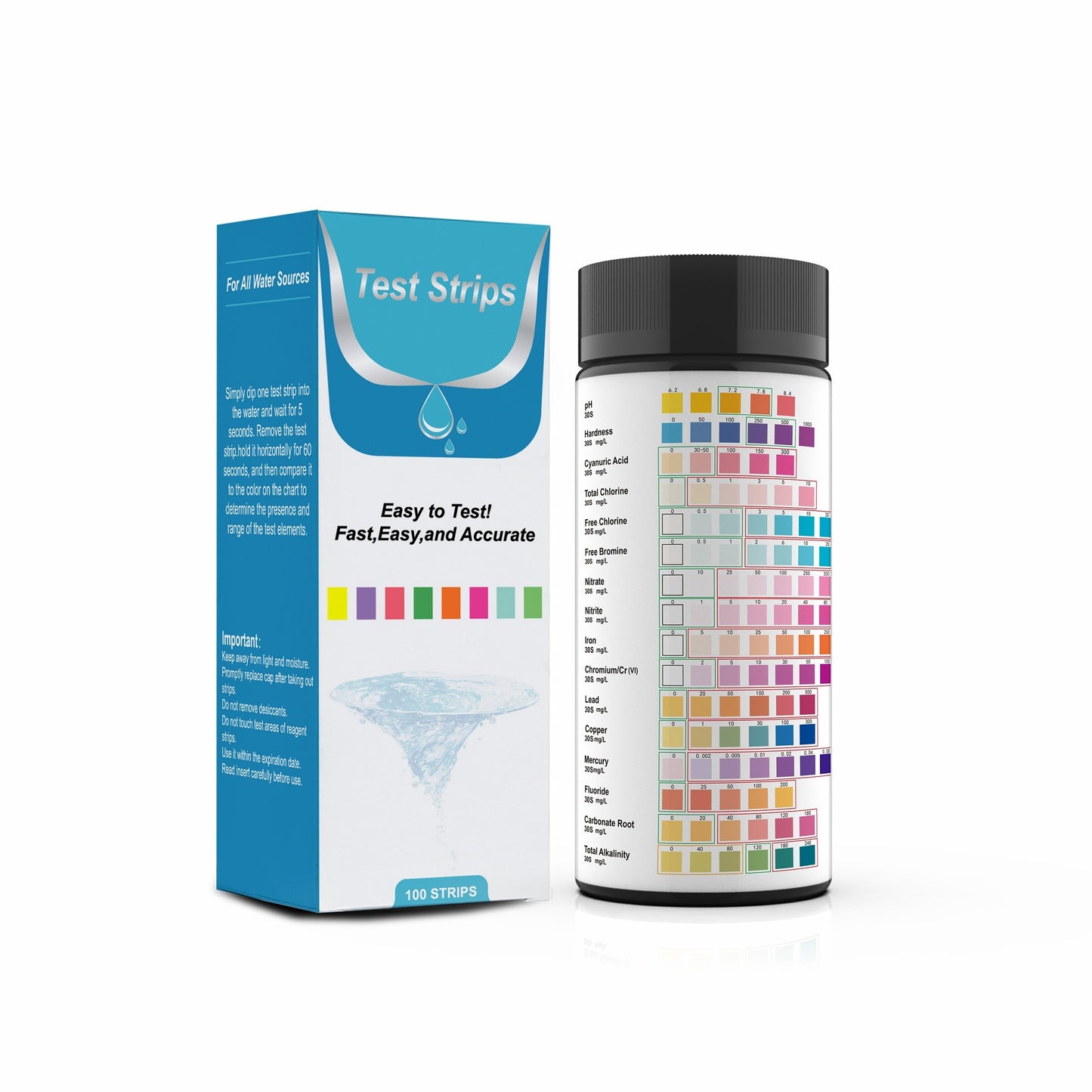 16-in-1 home water testing kit includes 100 strips for tap and well water, testing for pH, hardness, chlorine, lead, iron, copper, nitrate, nitrite, and more.