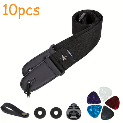 10 Adjustable Guitar Straps with Pick Holder, Star Shoulder Straps, Leather Ends - Includes 5 Picks, 1 Hold, and 2 Washers